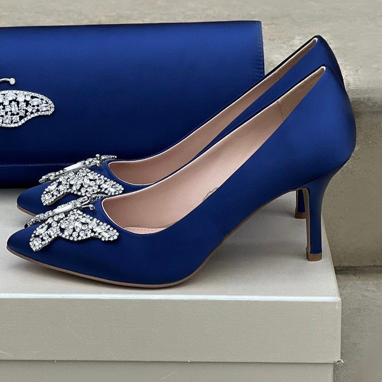 Emilia Butterfly Heels Navy Blue Satin