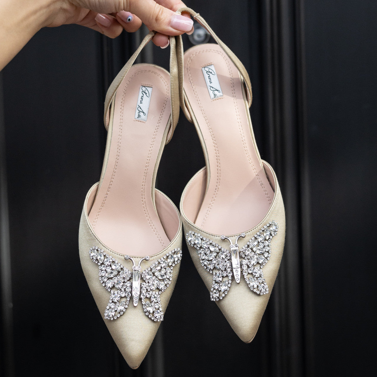 Love Butterfly Sling Back Heels Champagne Satin