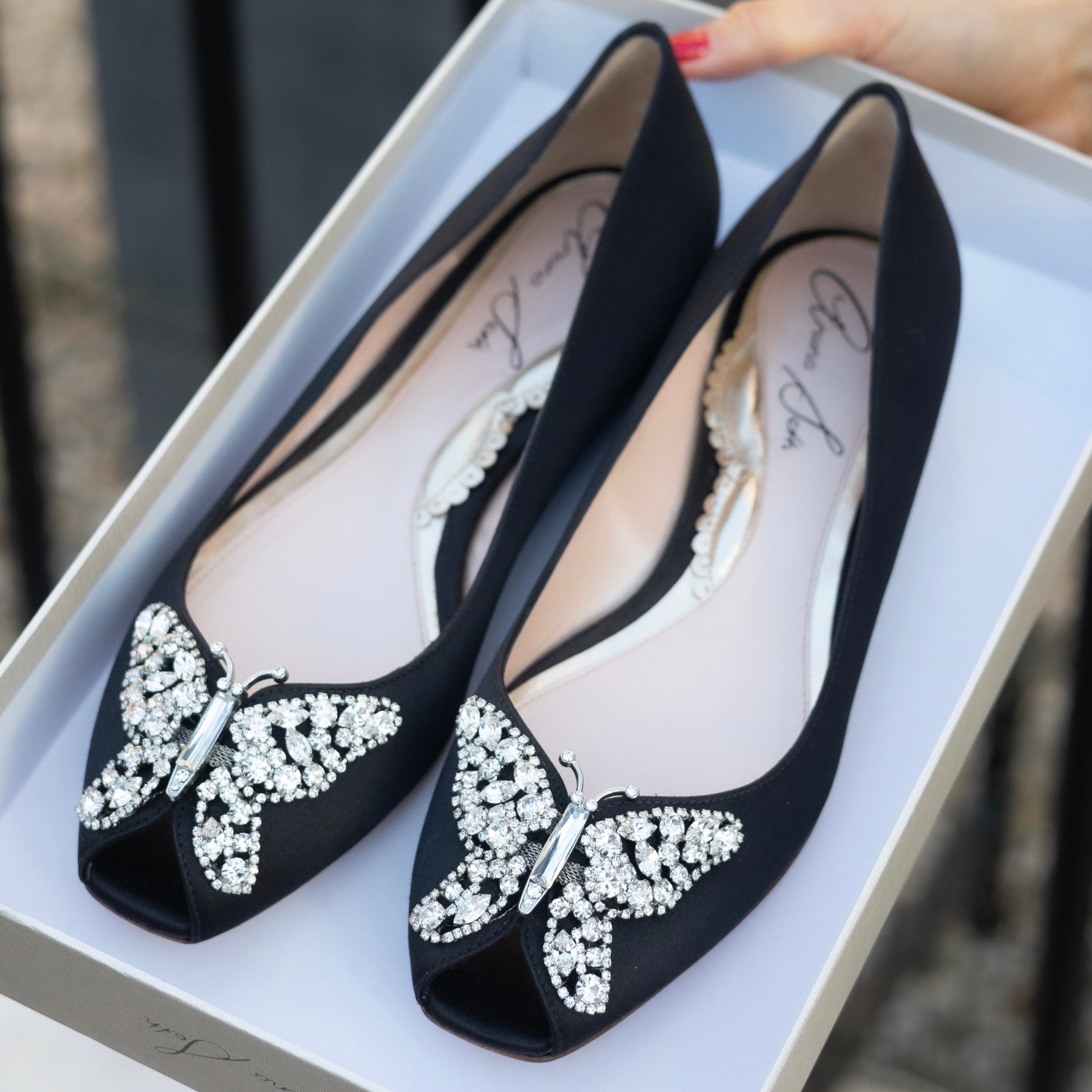 Liana Butterfly Open Toe Flats Black Satin Ballerinas