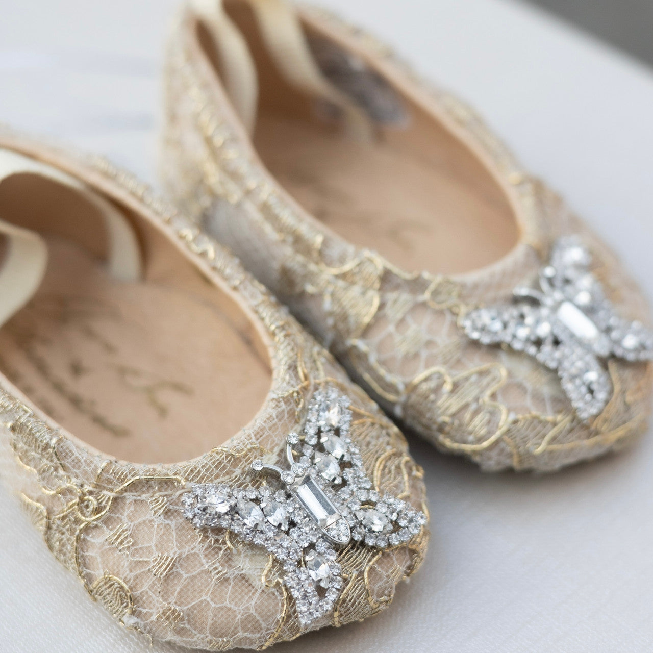 Odette Butterfly Baby Shoes | Gold Chantilly Lace