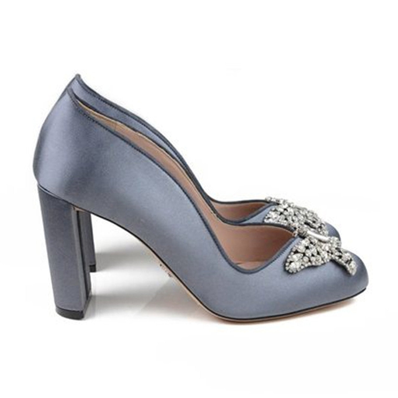 Annabel Butterfly Block Heels Light Grey Satin