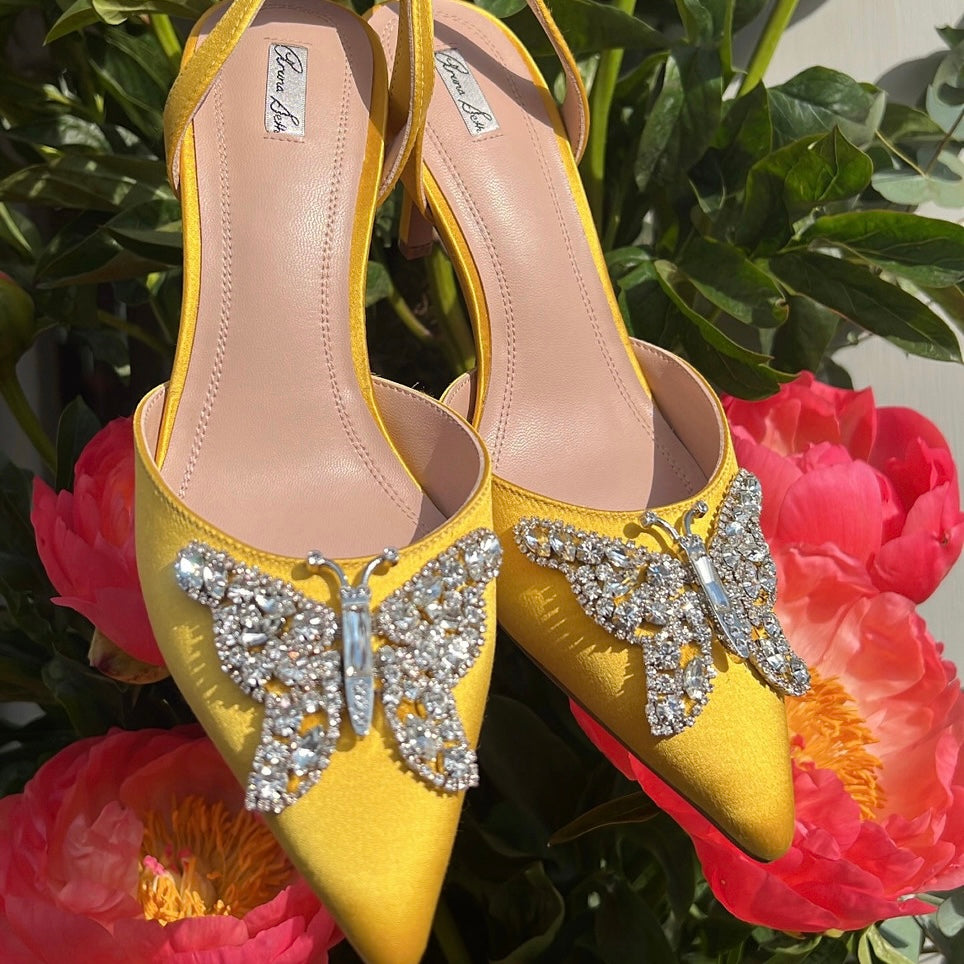 Love Butterfly Sling Back Heels Yellow Satin