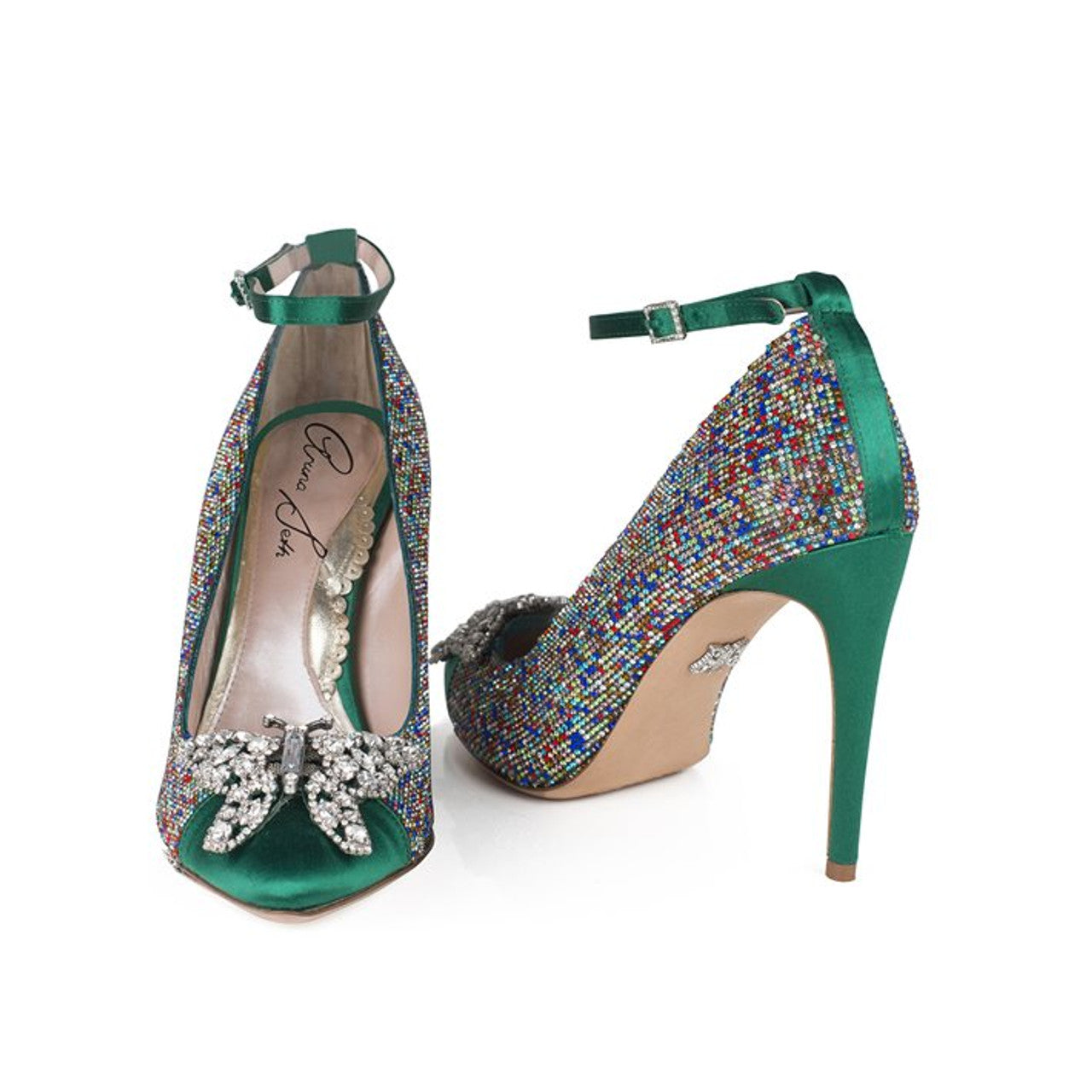 Confetti Butterfly Heels Emerald Green Satin