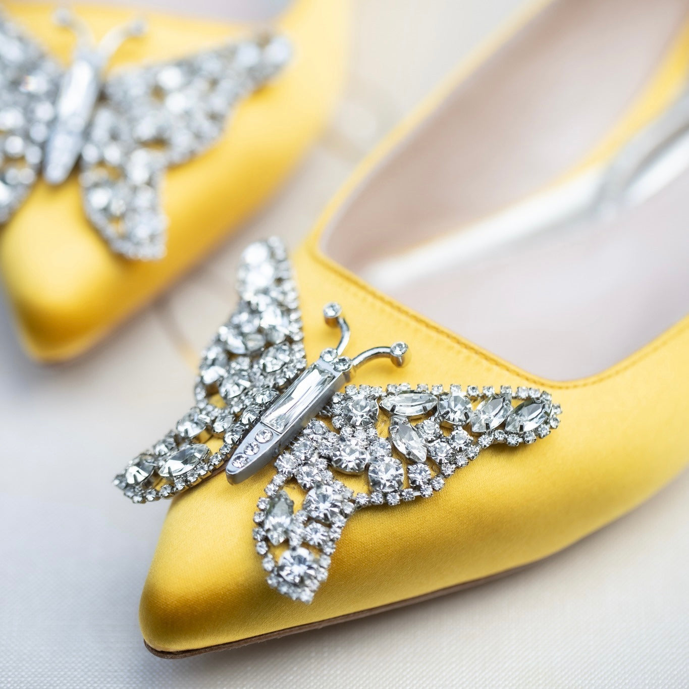 Eliana Butterfly Pointy Flats Yellow Satin