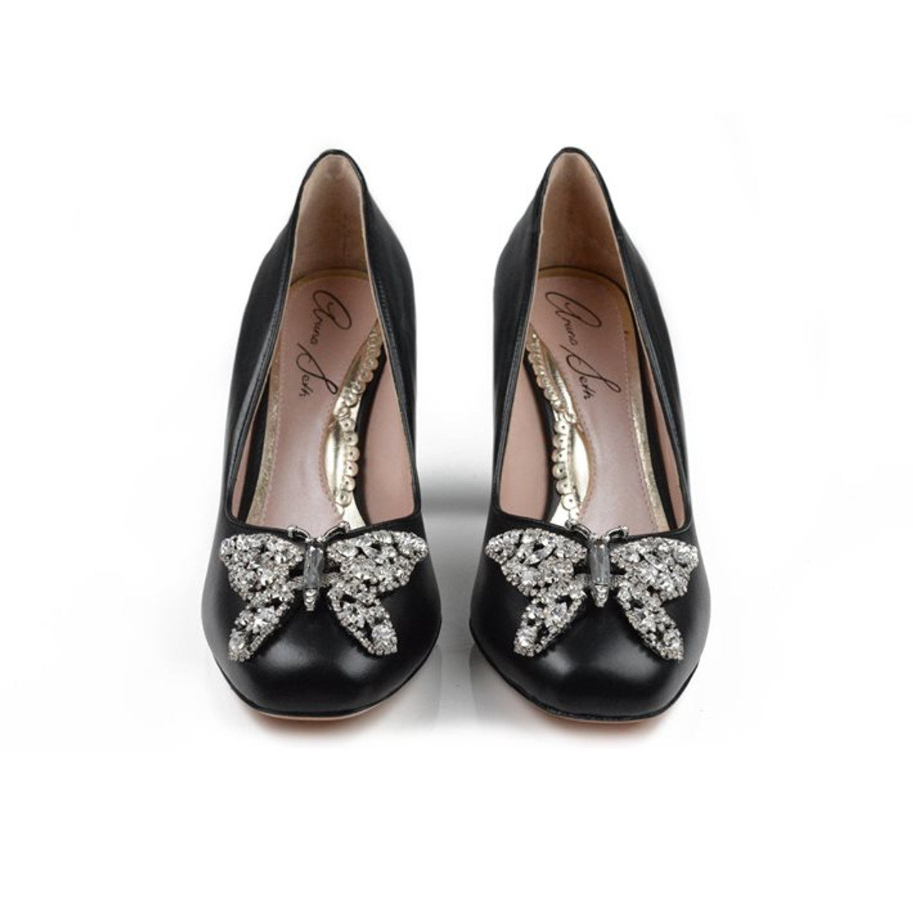 Annabel Butterfly Block Heels Black Leather