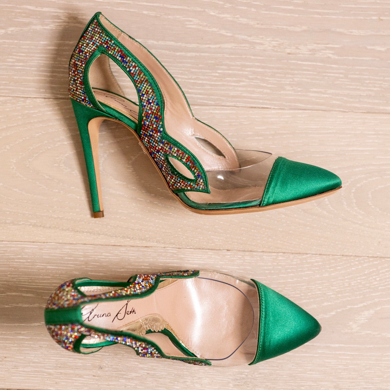 Cosmo Emerald Green Multicoloured Crystal Heels