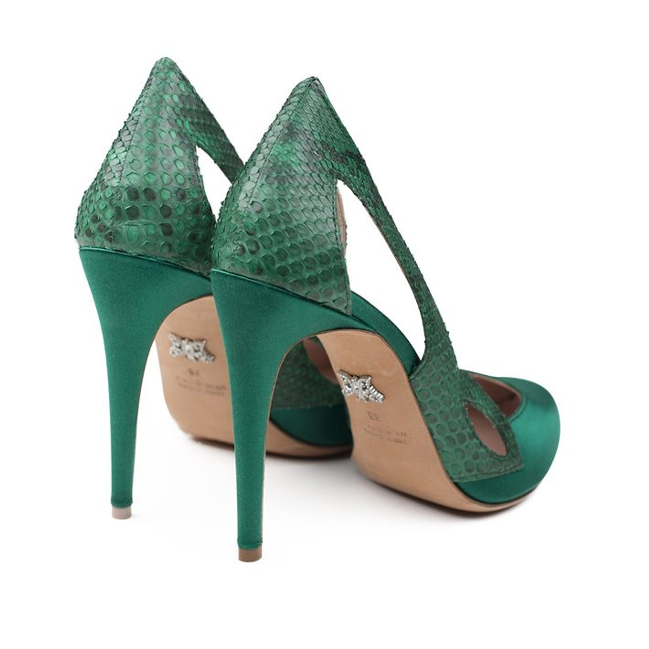 Cosmo Green Satin And Printed Snake Heels