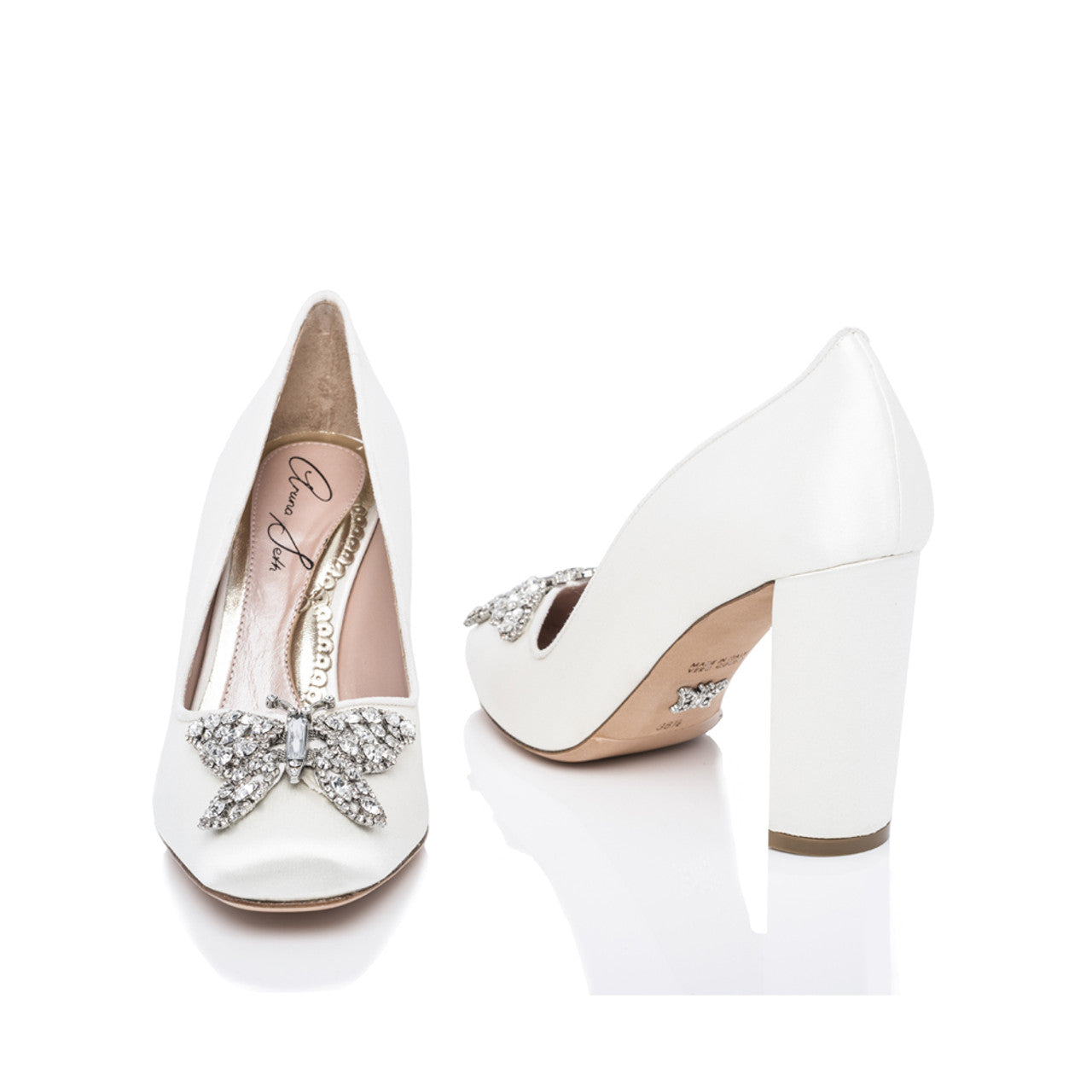 Annabel Butterfly Block Heels Ivory Satin