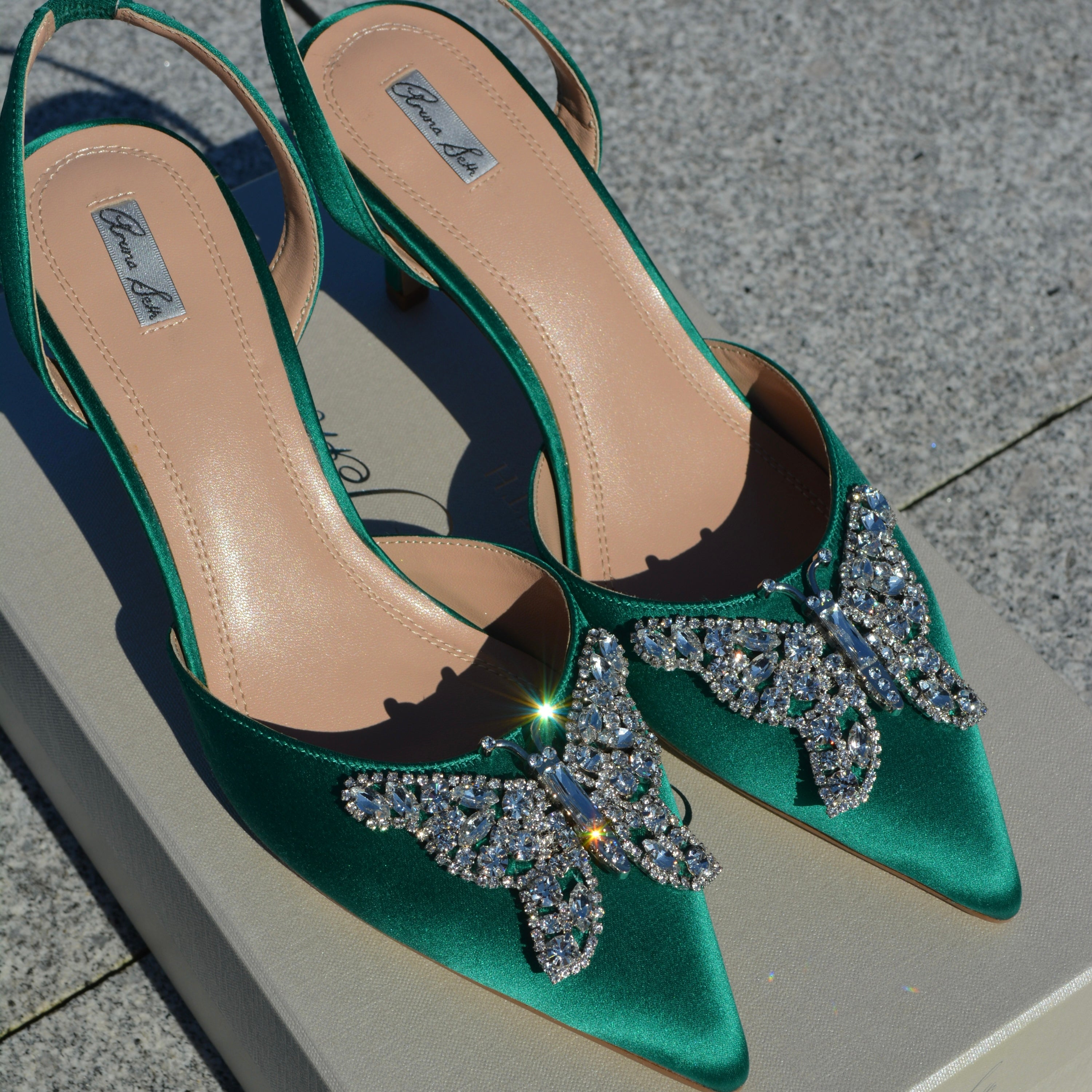 Love Butterfly Sling Back Heels Emerald Green Satin