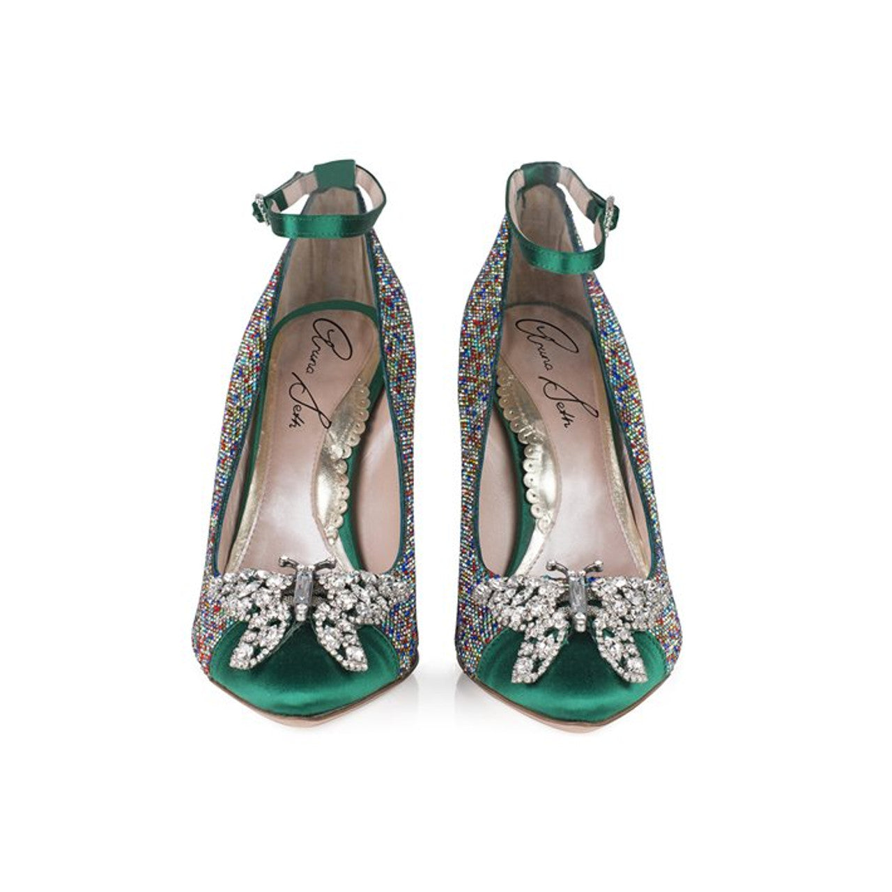 Confetti Butterfly Heels Emerald Green Satin