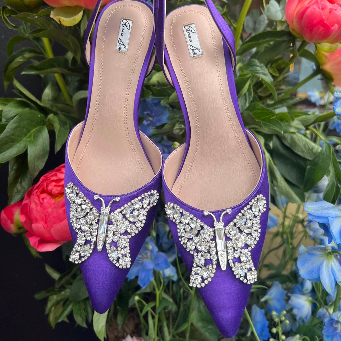 Love Butterfly Sling Back Heels Violet Satin