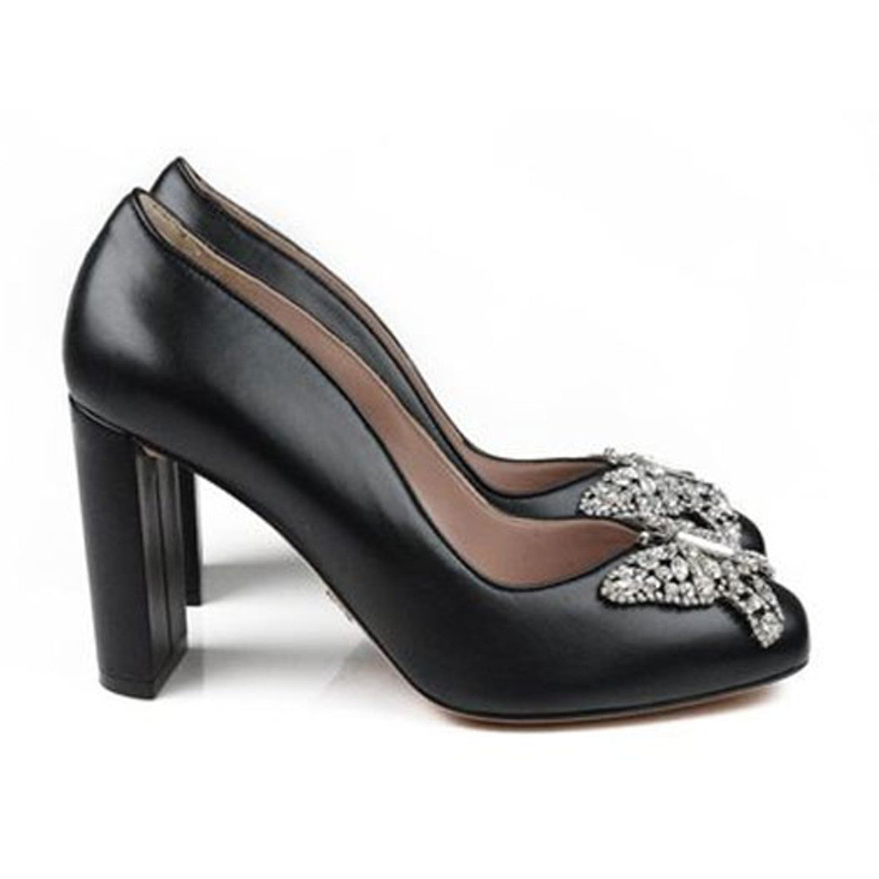 Annabel Butterfly Block Heels Black Leather