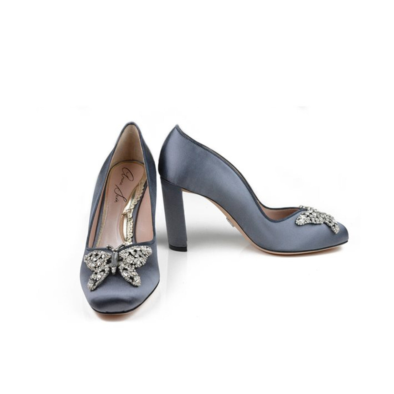 Annabel Butterfly Block Heels Light Grey Satin