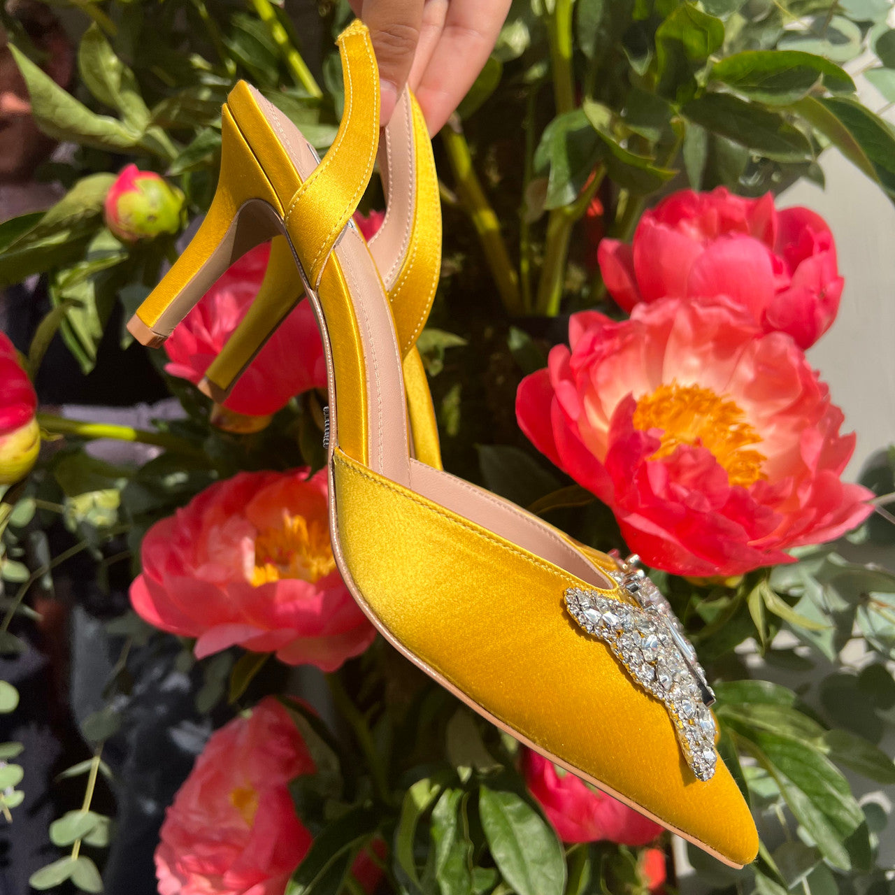 Love Butterfly Sling Back Heels Yellow Satin