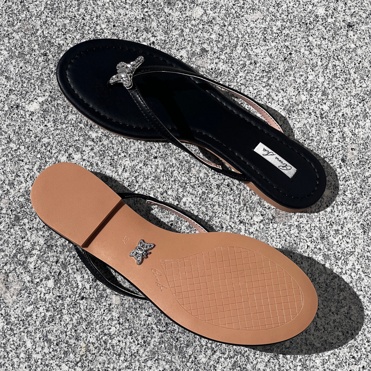 Farfalla Butterfly Flip Flop Black Leather