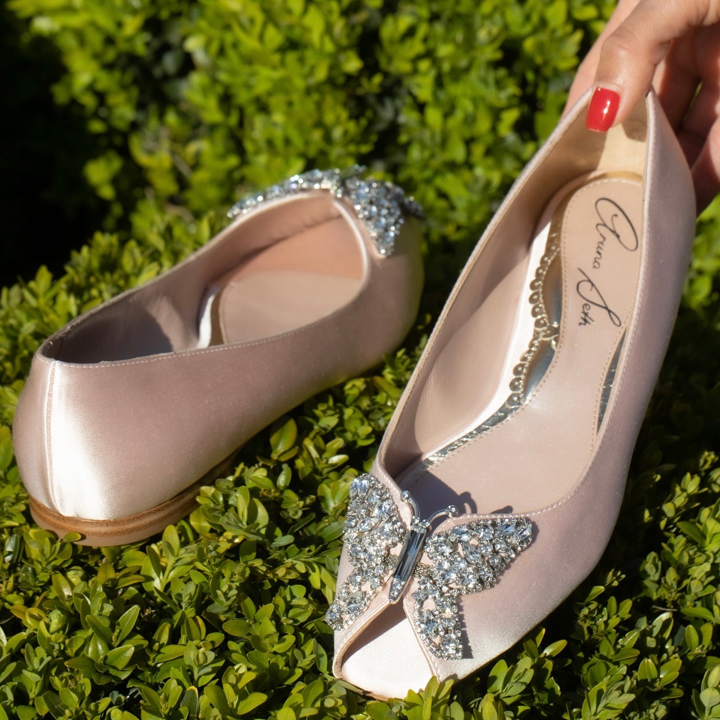 Liana Butterfly Open Toe Flats Champagne Satin