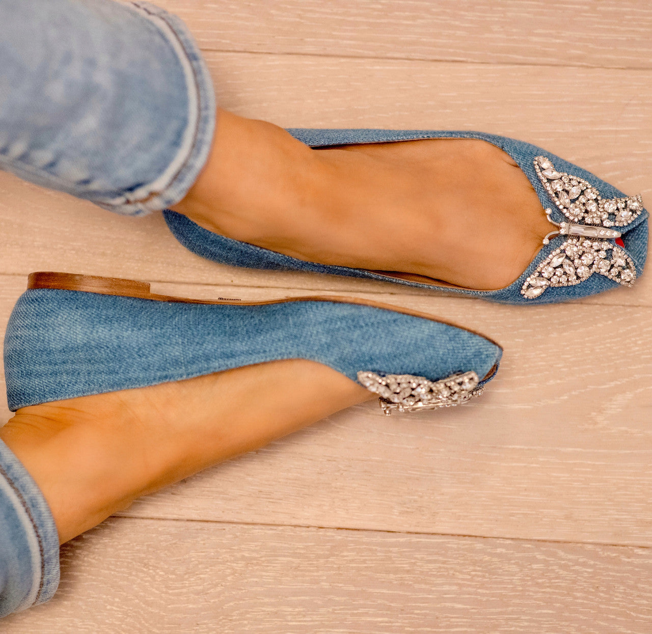 Liana Butterfly Open Toe Flats Blue Denim