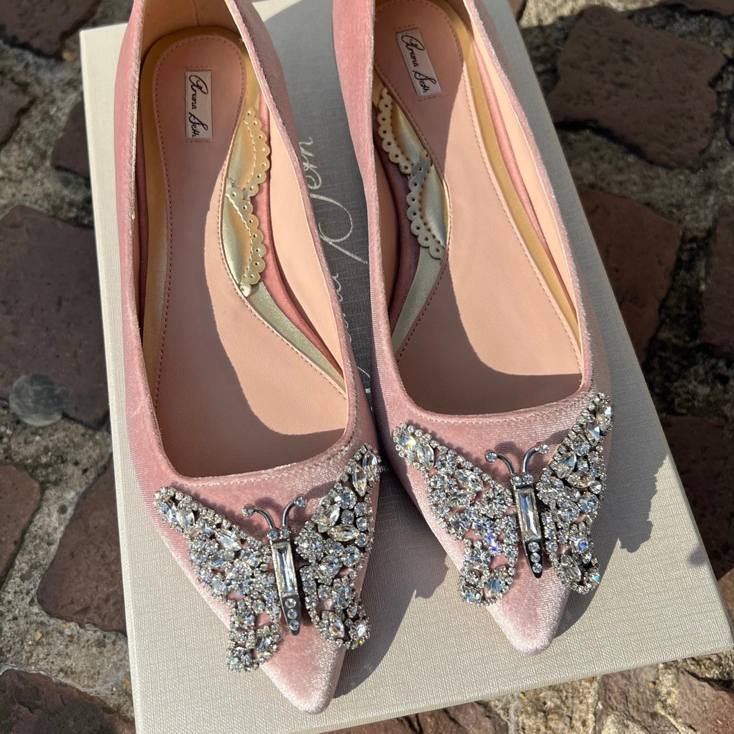 Eliana Butterly Pointy Flats Blush Pink Velvet