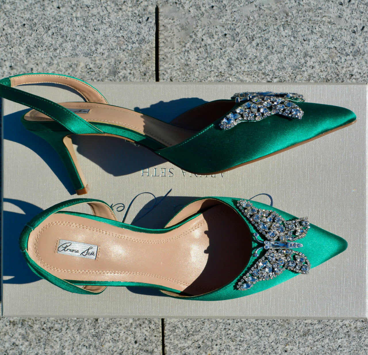 Love Butterfly Sling Back Heels Emerald Green Satin