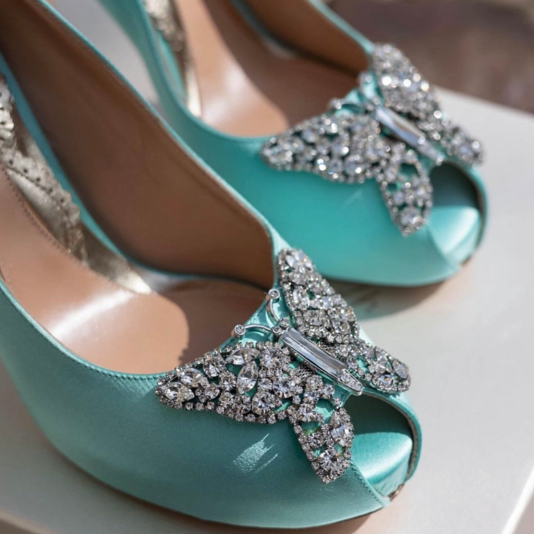 Evi Open Toe Butterfly Heel Tiffany Blue Satin