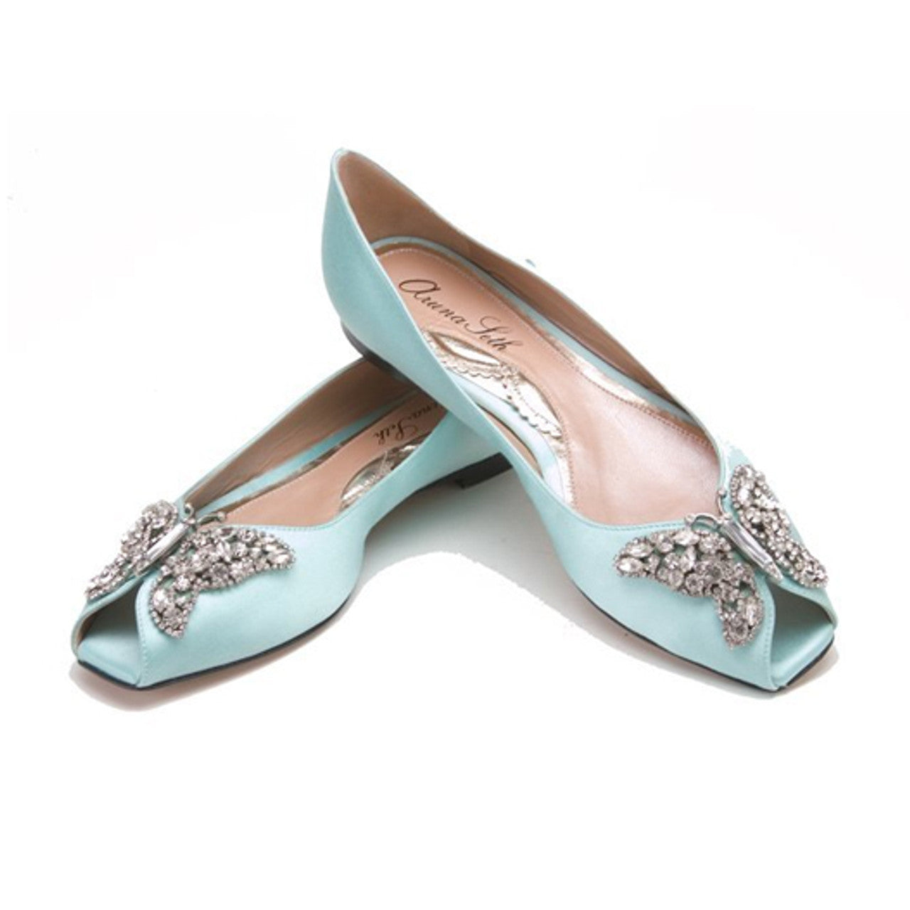 Liana Butterfly Open Toe Flats Tiffany Blue Satin