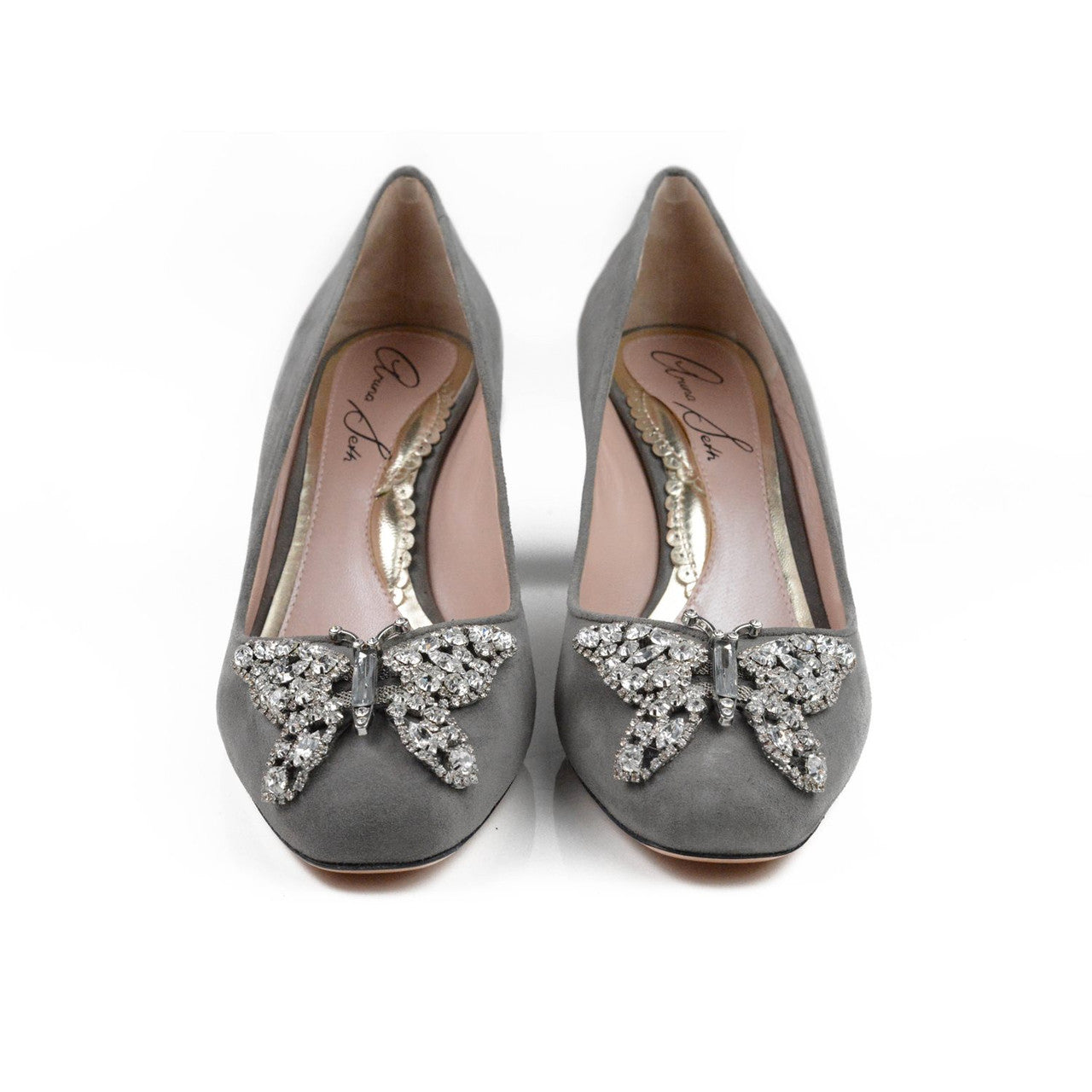 Annabel Butterfly Block Heels Grey Suede