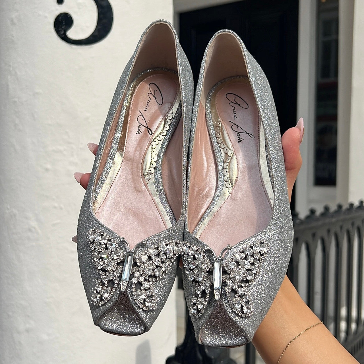 Liana Butterfly Open Toe Flats Silver Glitter