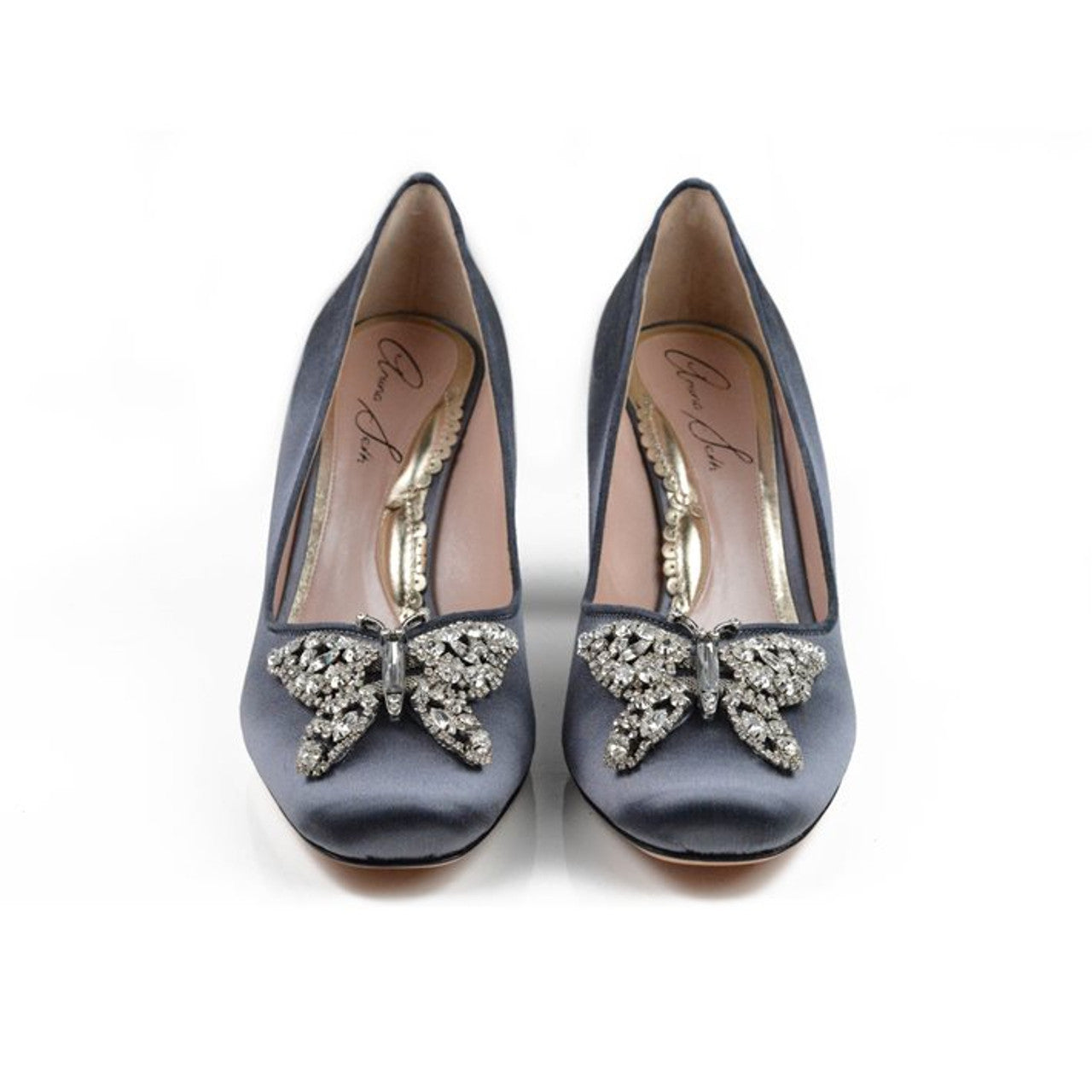 Annabel Butterfly Block Heels Charcoal Grey Satin