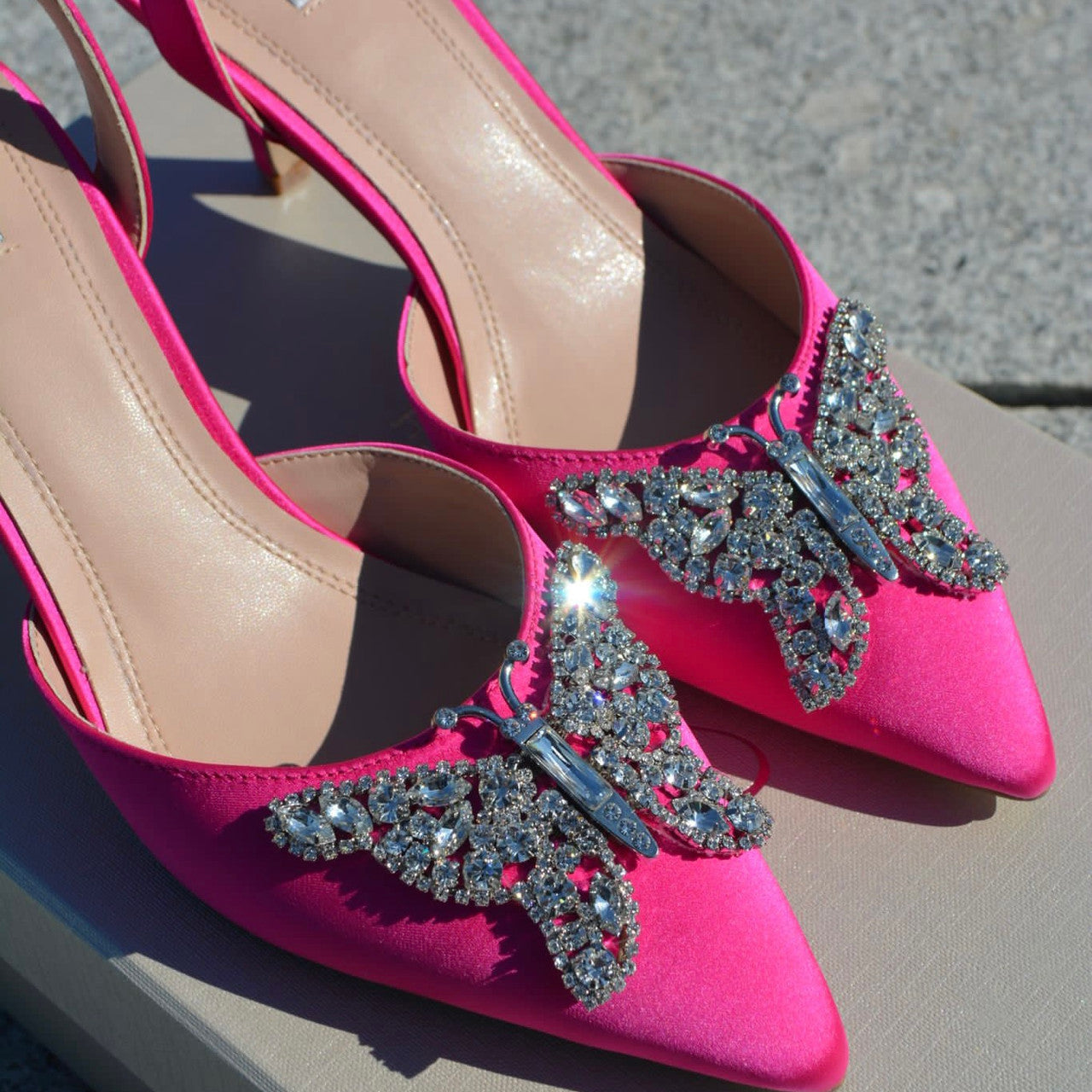 Love Butterfly Slingback Heels Neon Pink Satin