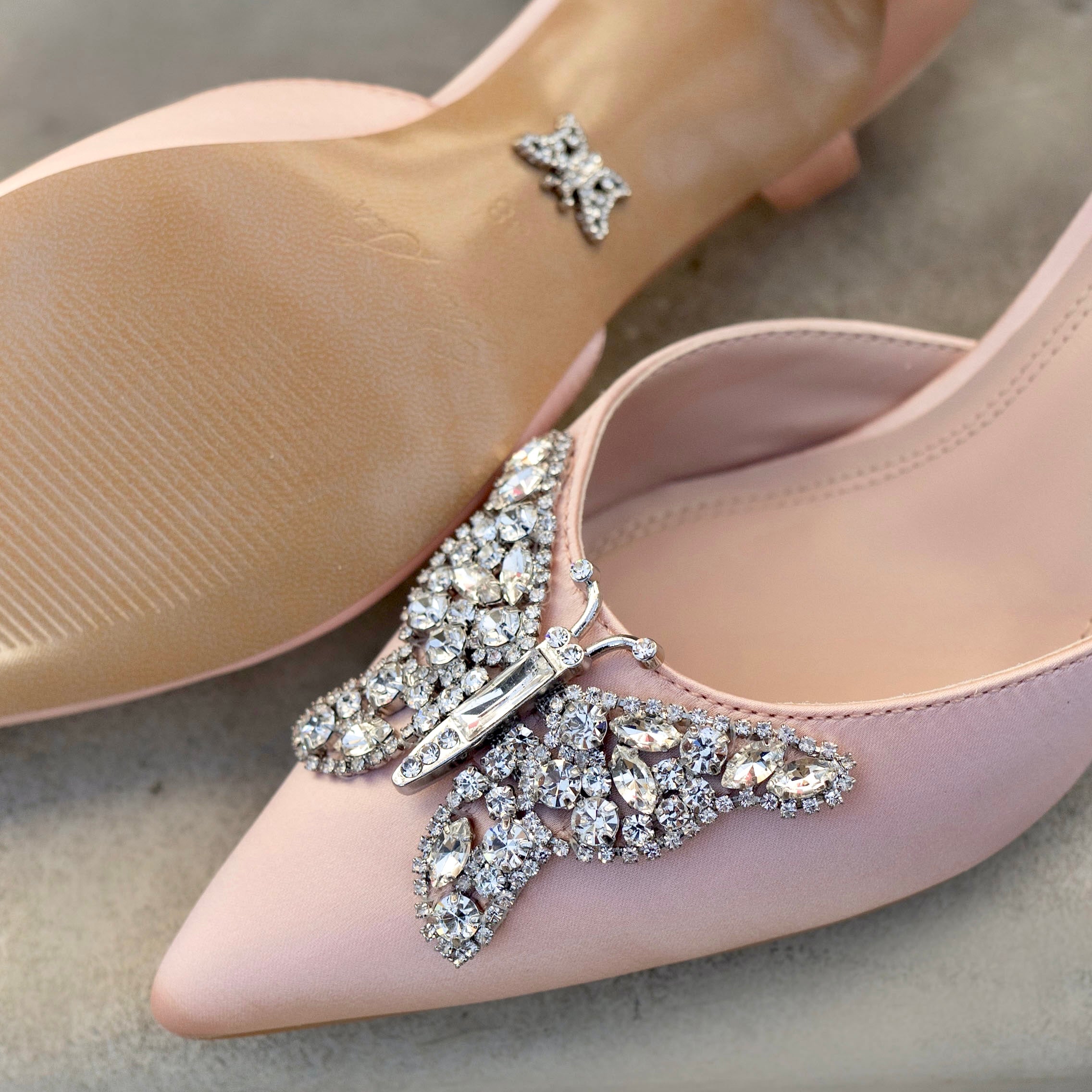 Love Butterfly Slingback Heels Pale Pink Satin