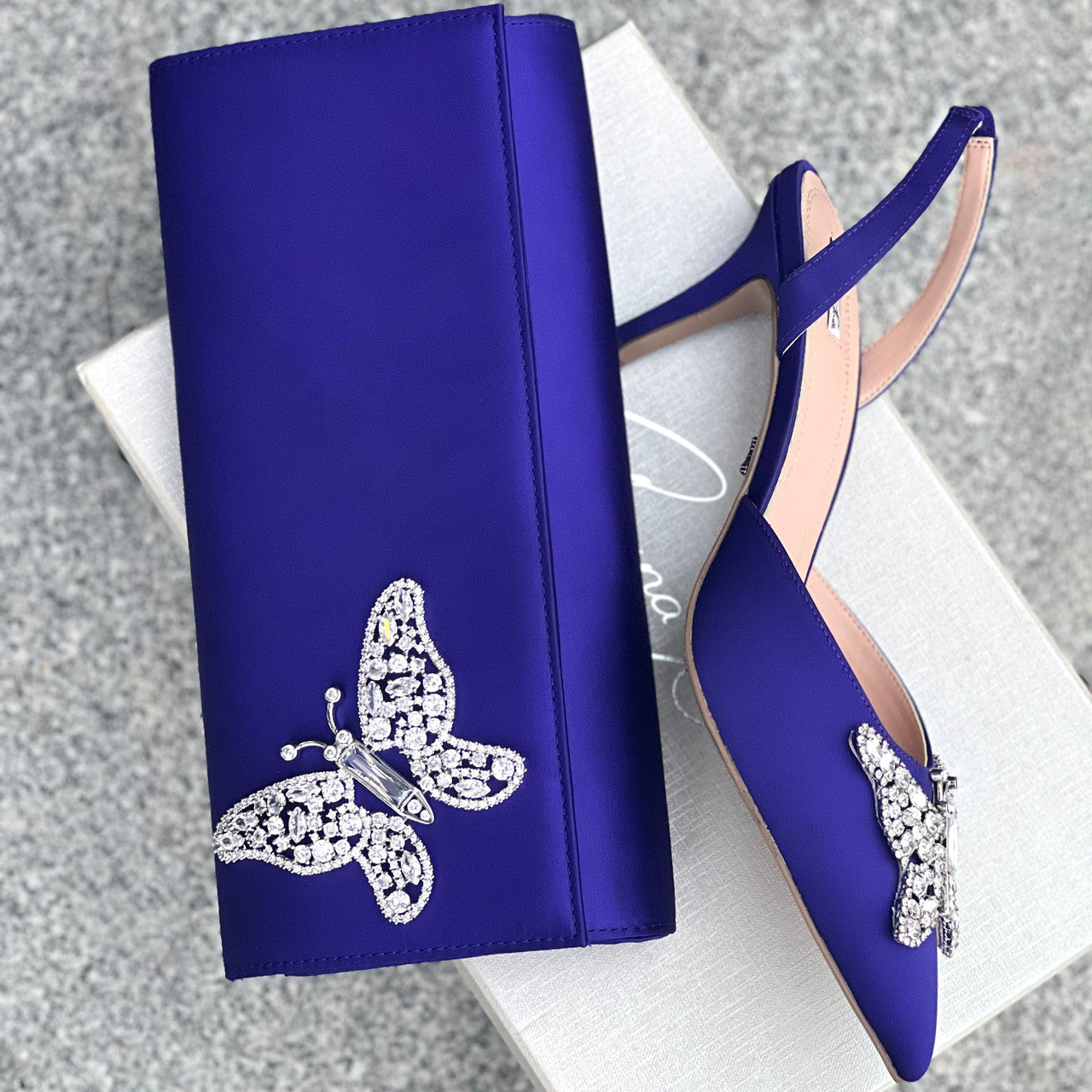 Love Butterfly Slingback Heels Dark Violet Satin