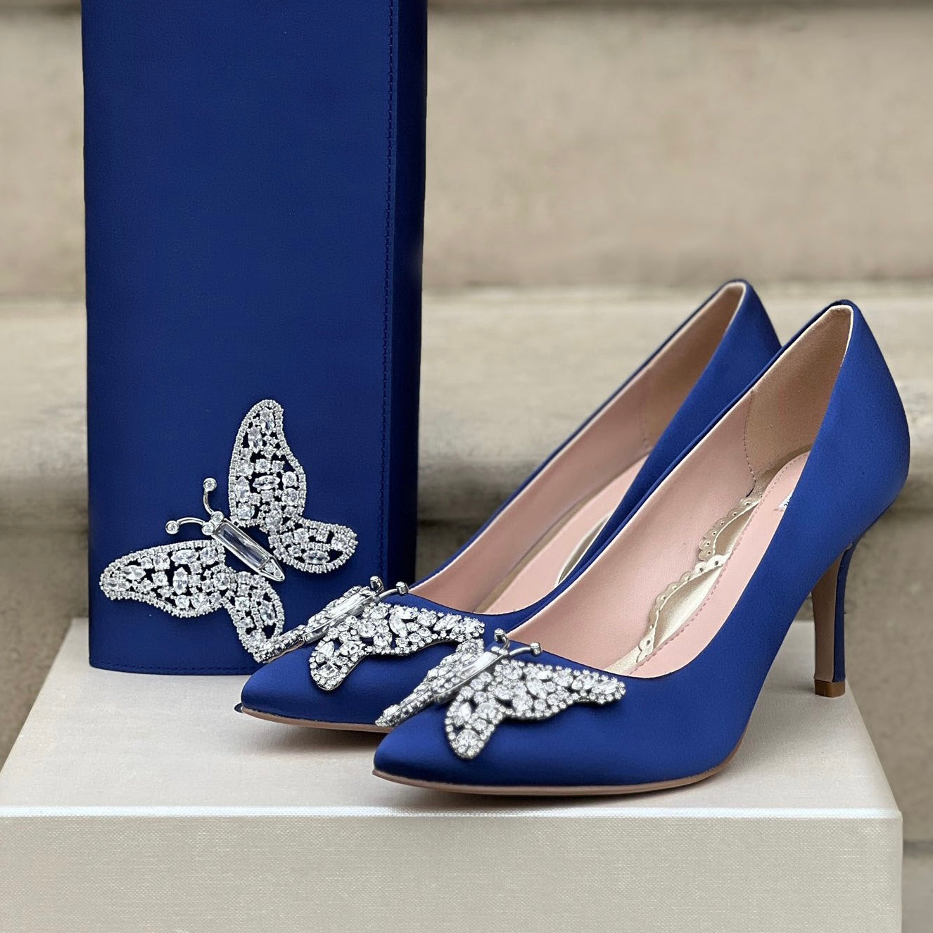 Emilia Butterfly Heels Navy Blue Satin