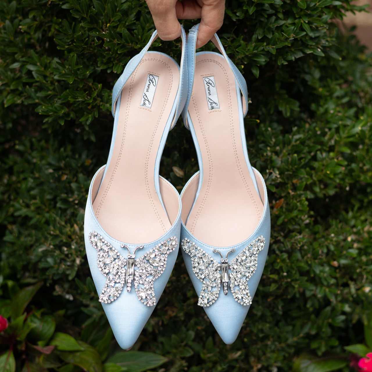 Love Butterfly Sling Back Heels Powder Blue Satin