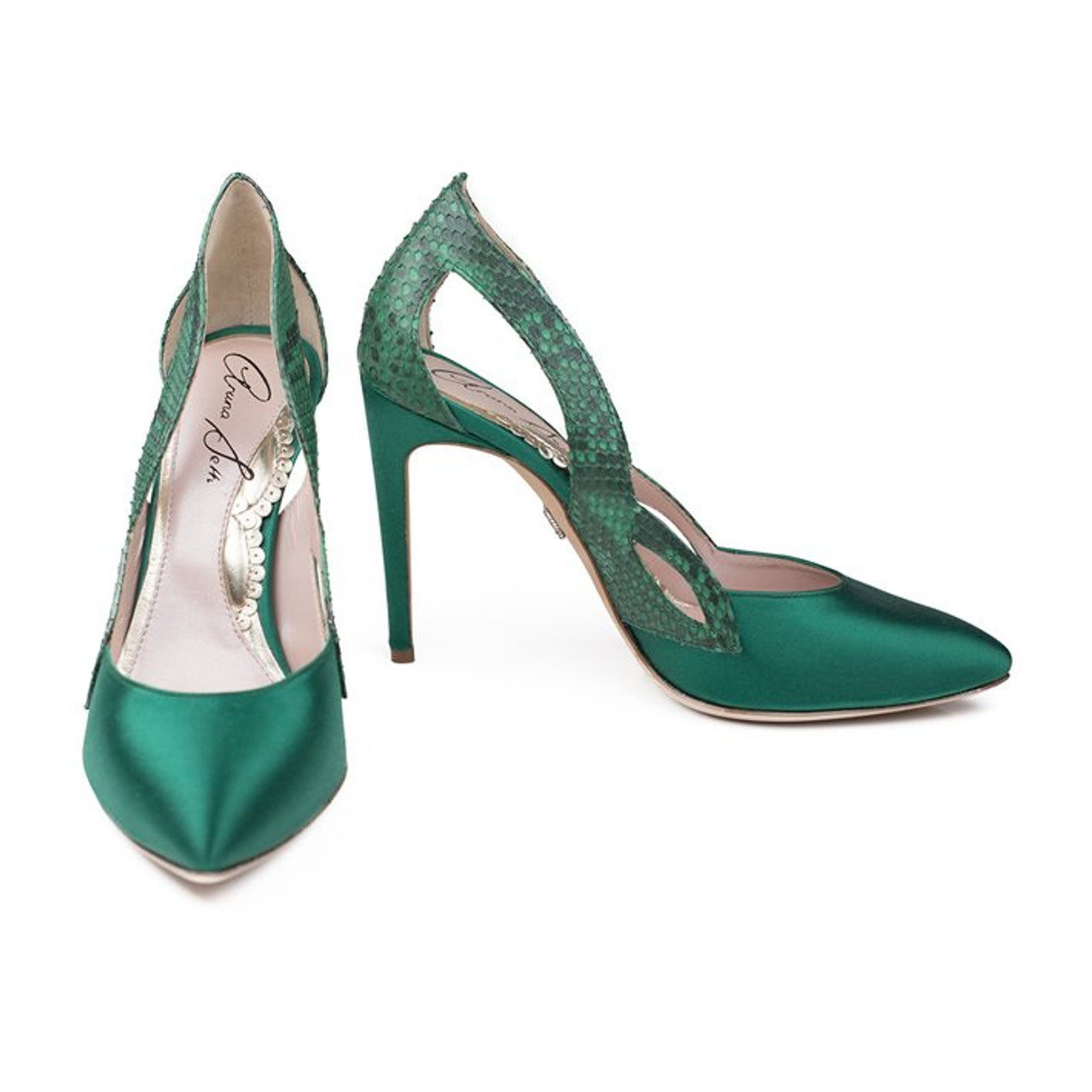 Cosmo Green Satin And Printed Snake Heels