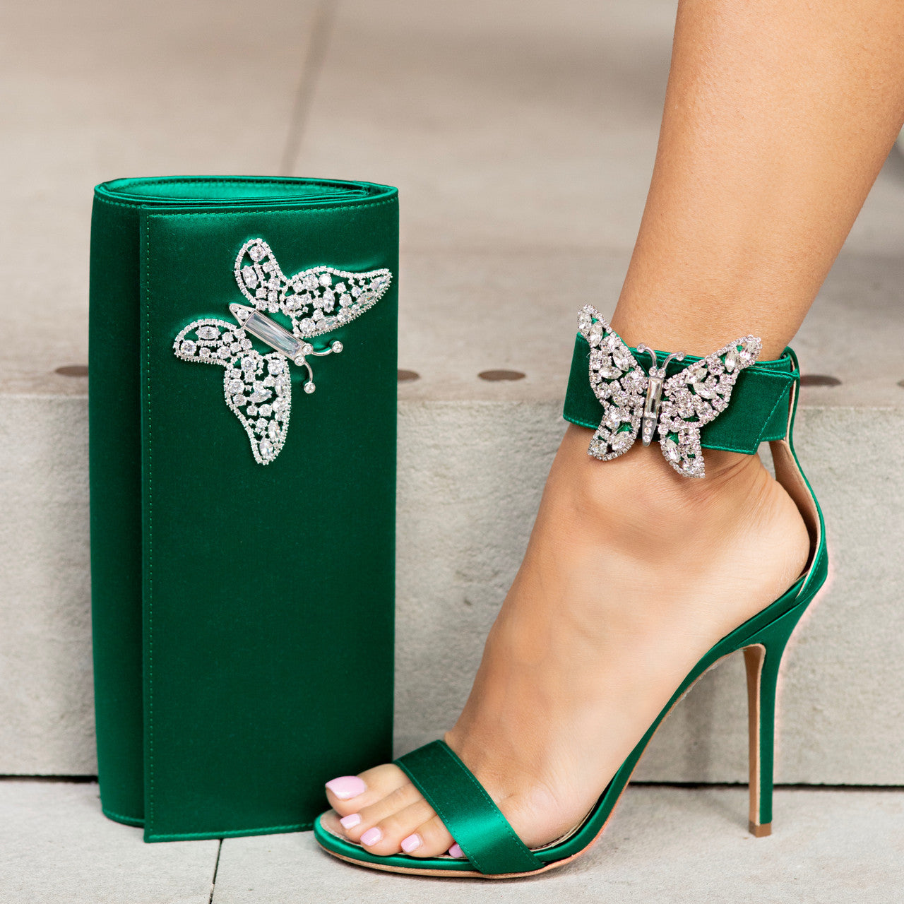 Portofino Butterfly High Heel Sandals Emerald Green Satin