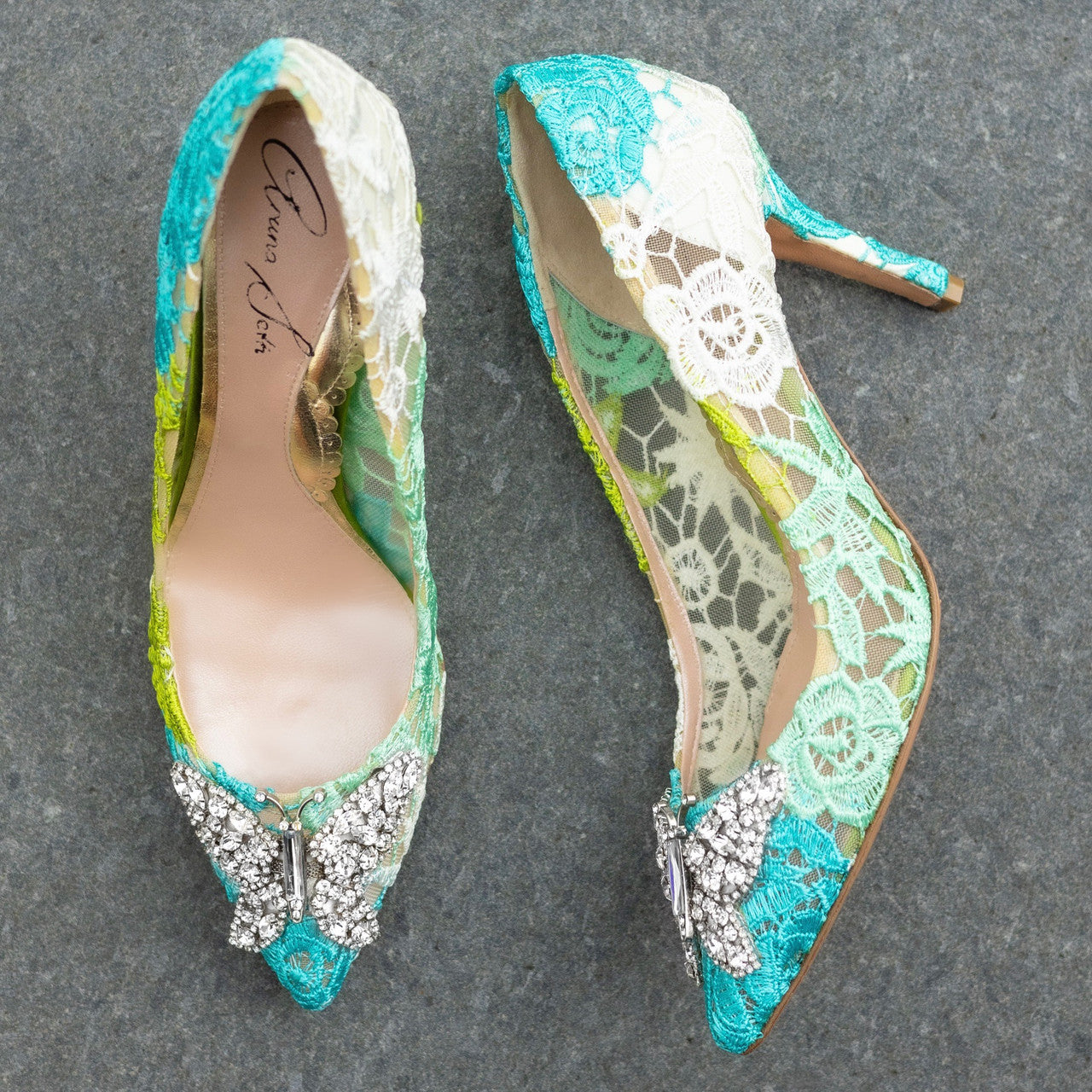 Emilia Butterfly Heels Green & White Lace