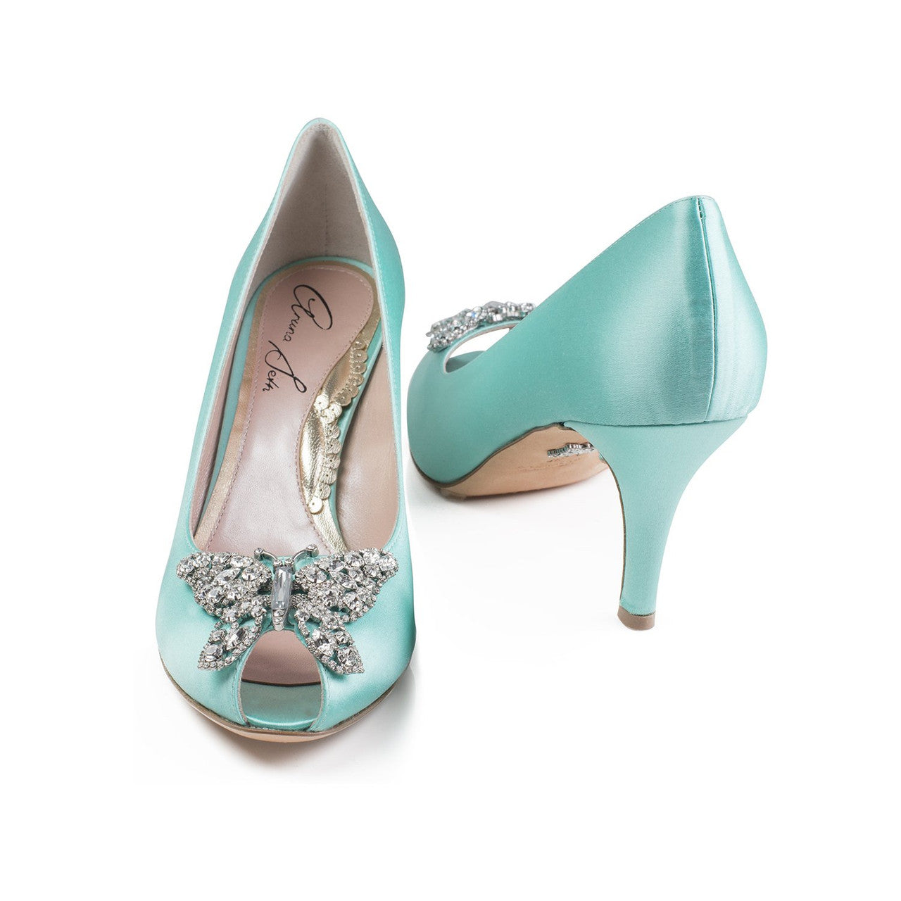 Ava Open Toe Butterfly Low Heel Tiffany Blue Satin