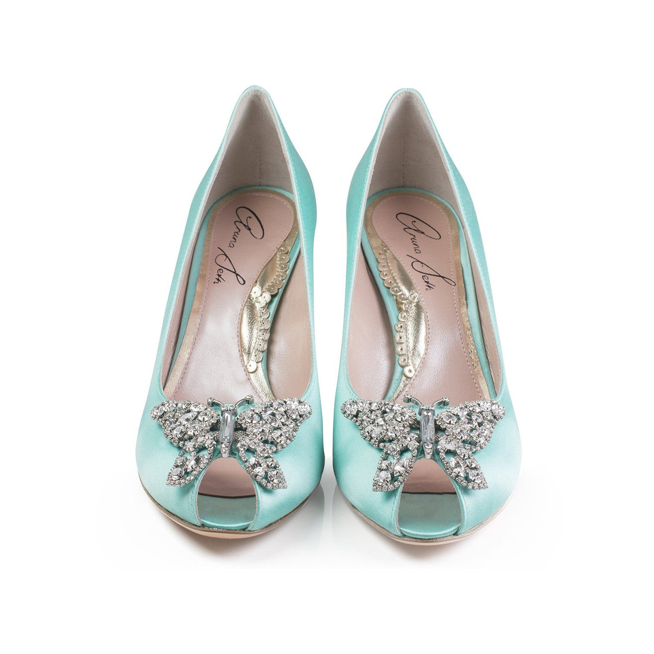 Ava Open Toe Butterfly Low Heel Tiffany Blue Satin