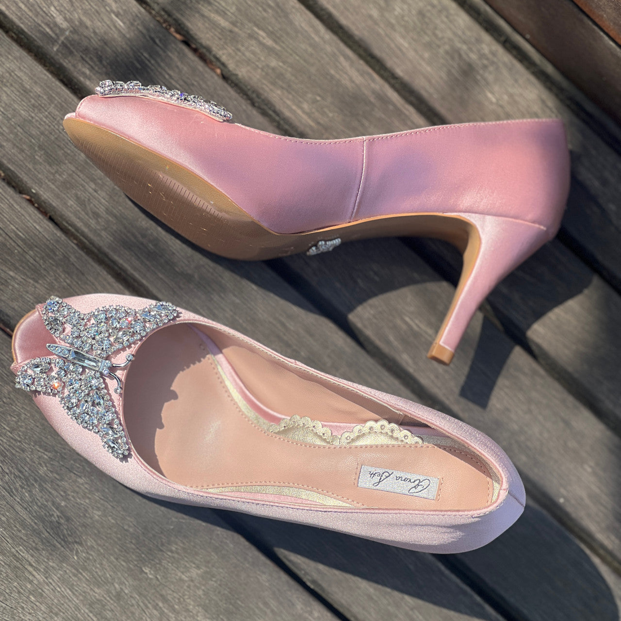 Ava Open Toe Butterfly Low Heels Baby Pink Satin