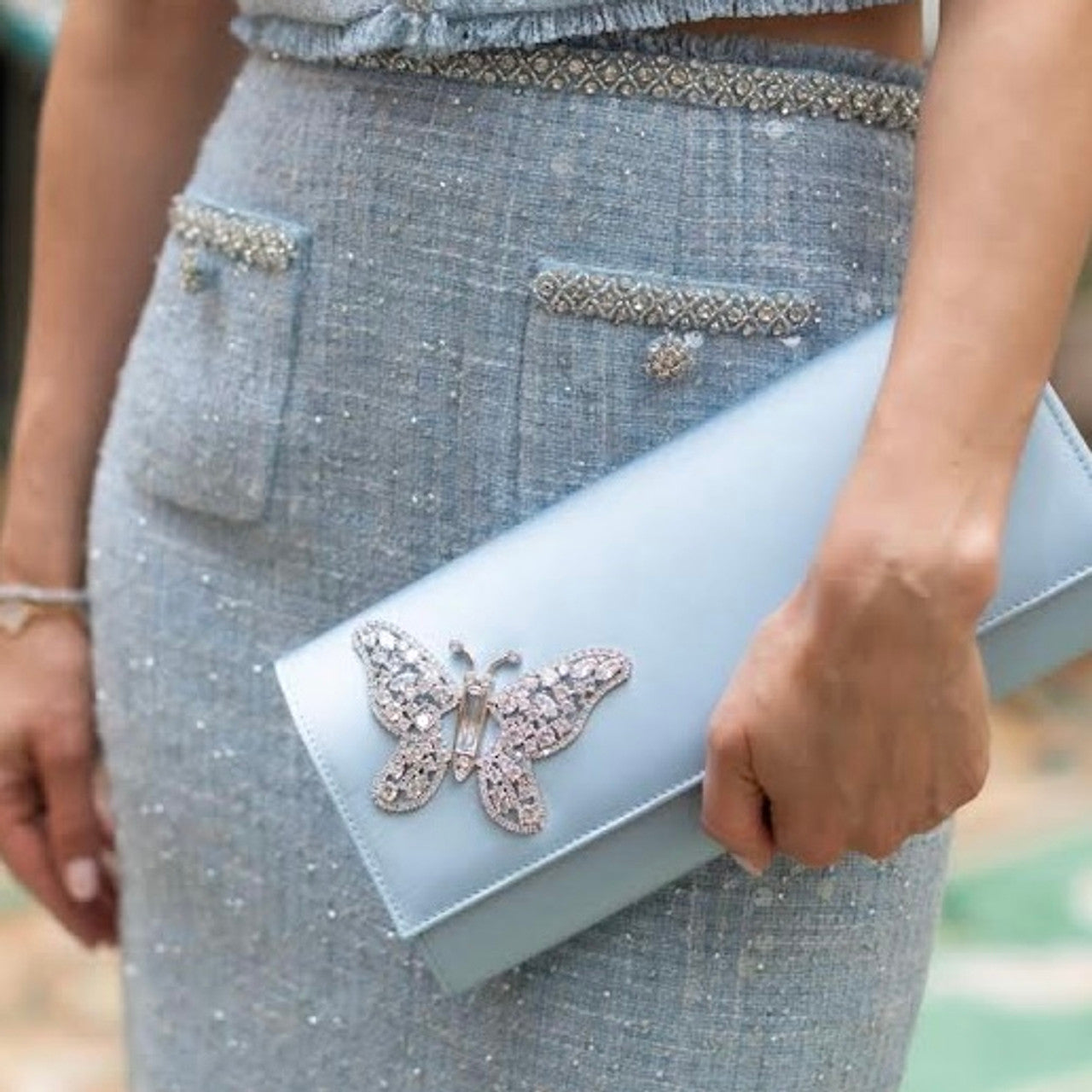 Powder Blue satin Butterfly Clutch Bag