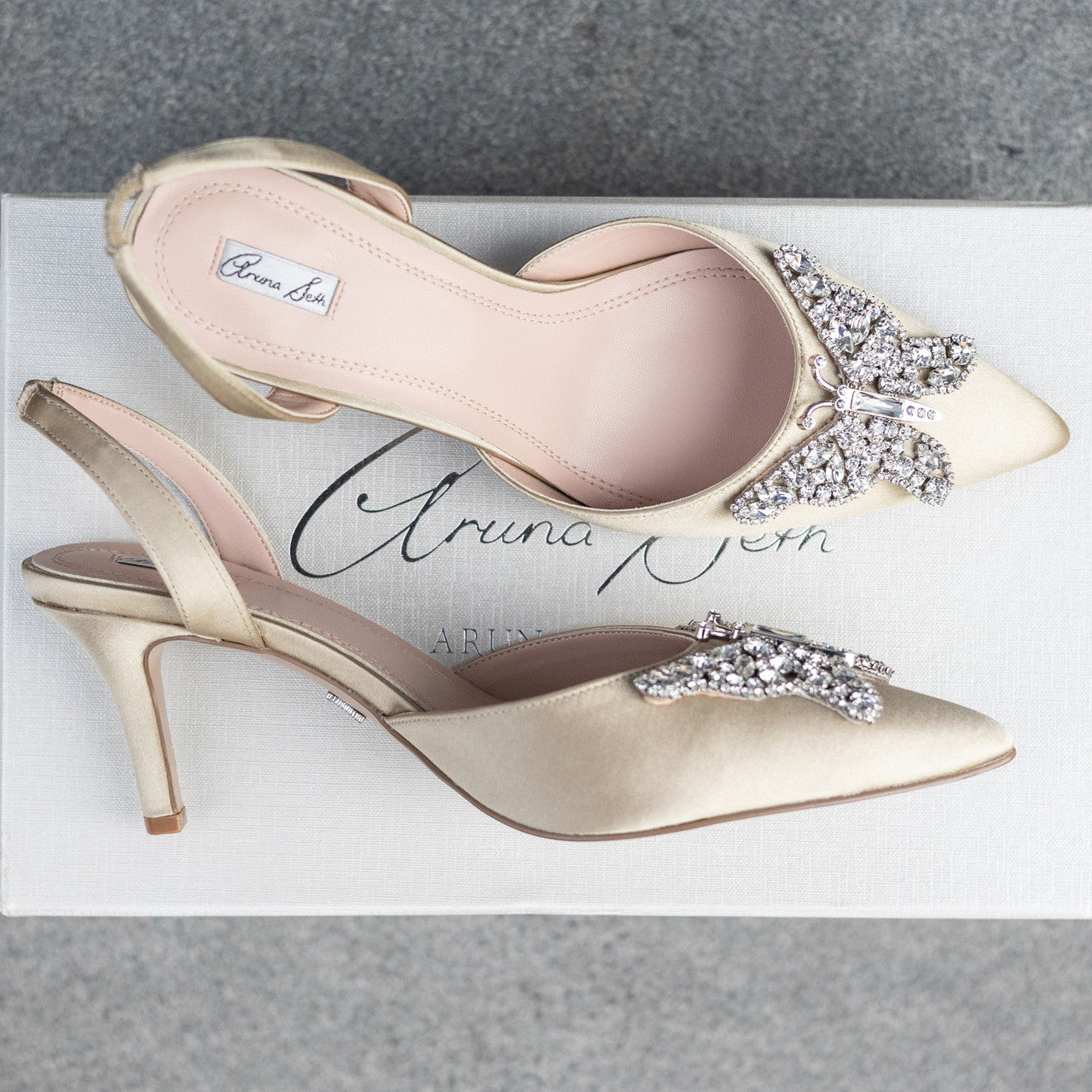 Love Butterfly Sling Back Heels Champagne Satin