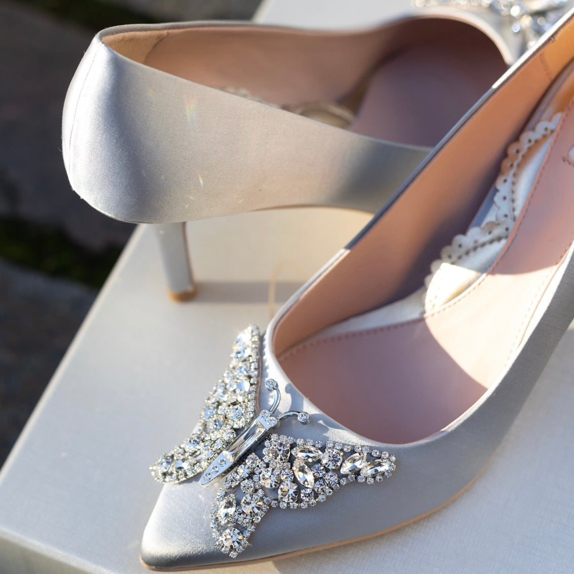 Emilia Butterfly Heels Silver Satin