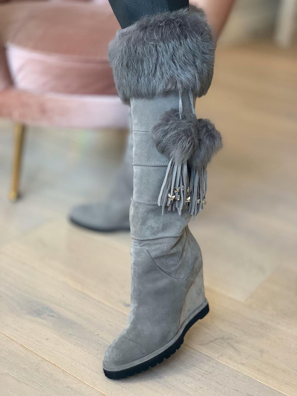 Gstaad Grey Suede Fur Boot