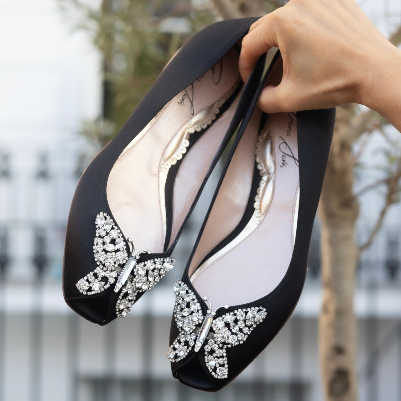 Liana Butterfly Open Toe Flats Black Satin Ballerinas