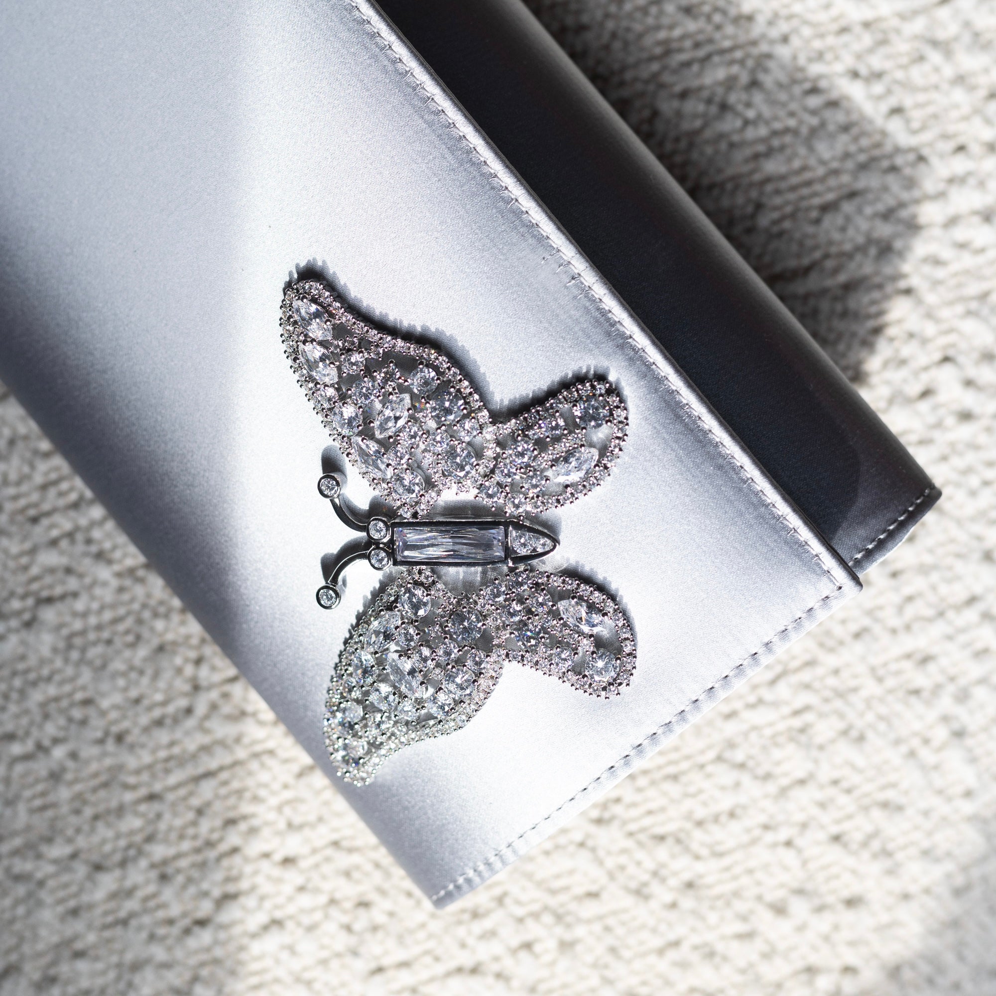 Silver Satin Butterfly Clutch Bag