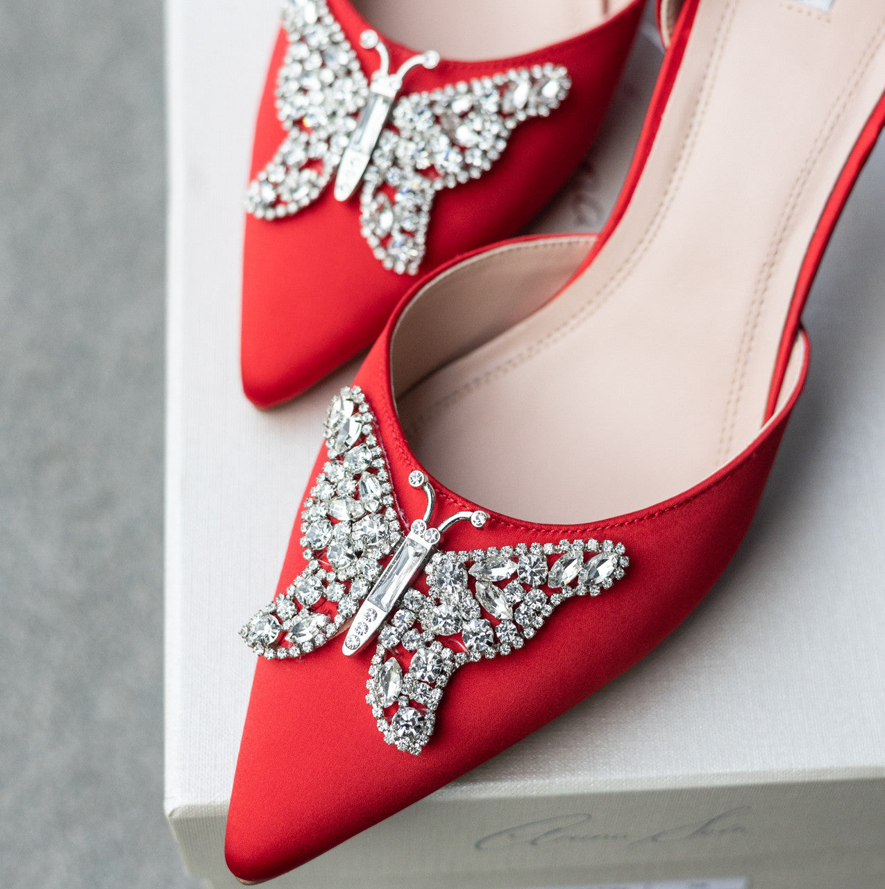 Love Butterfly Slingback Heels Red Satin