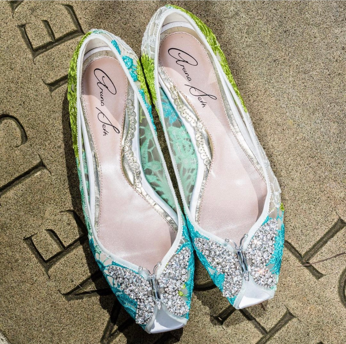 Liana Butterfly Open Toe Flats Green and White Lace