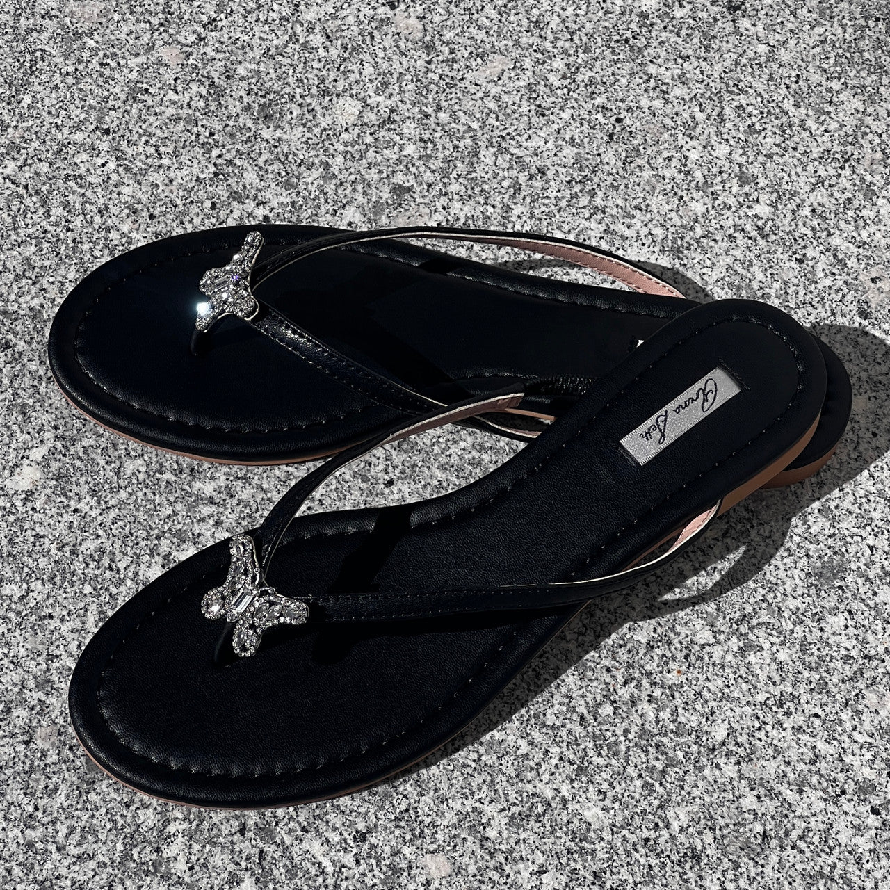 Farfalla Butterfly Flip Flop Black Leather