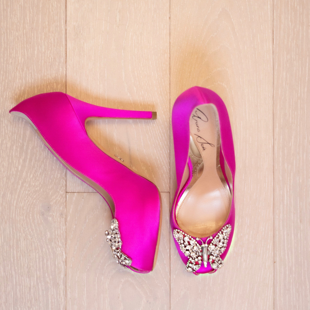 Evi Open Toe Butterfly Heel Neon Pink Satin