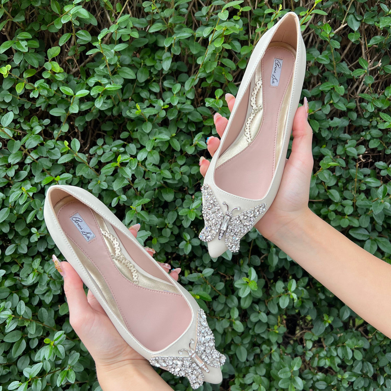 Eliana Butterfly Pointy Flats Vegan Ivory Leather